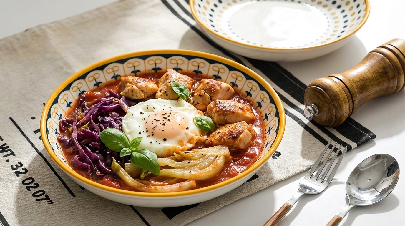 Schüssel mit tomatiger Soße, in der Mitte ein Spiegelei, dazu gebratene Hähnchenstücke, Rotkohl, gebratener Kohl und frische Basilikumblätter.