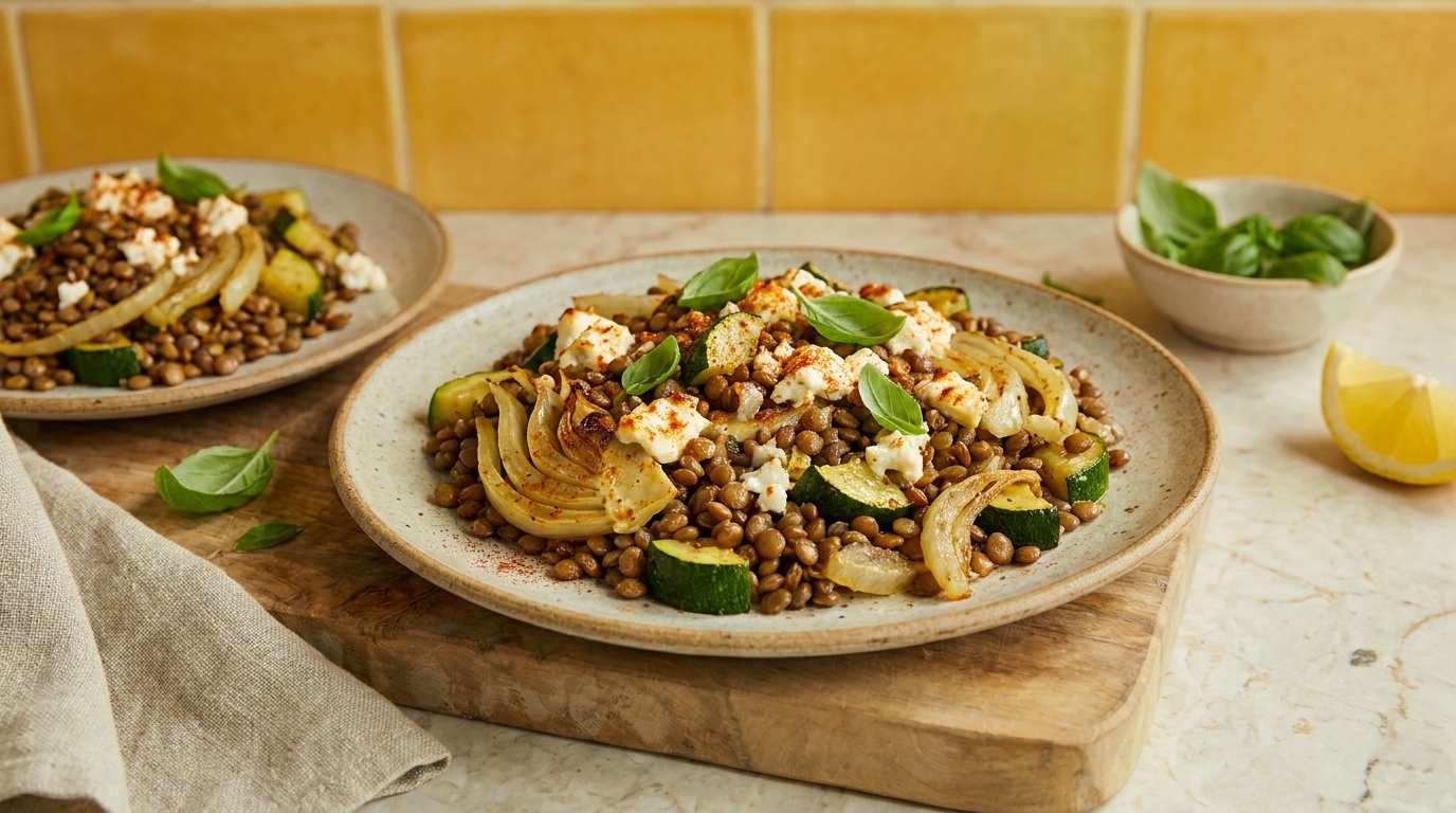 Zwei Teller mit rustikalem Linsensalat: grüne Linsen, gerösteter Fenchel und Zucchini, zerbröckelter Feta, frische Basilikumblätter, leicht gewürzt. Im Hintergrund Zitronenviertel und zusätzliche Basilikumblätter.
