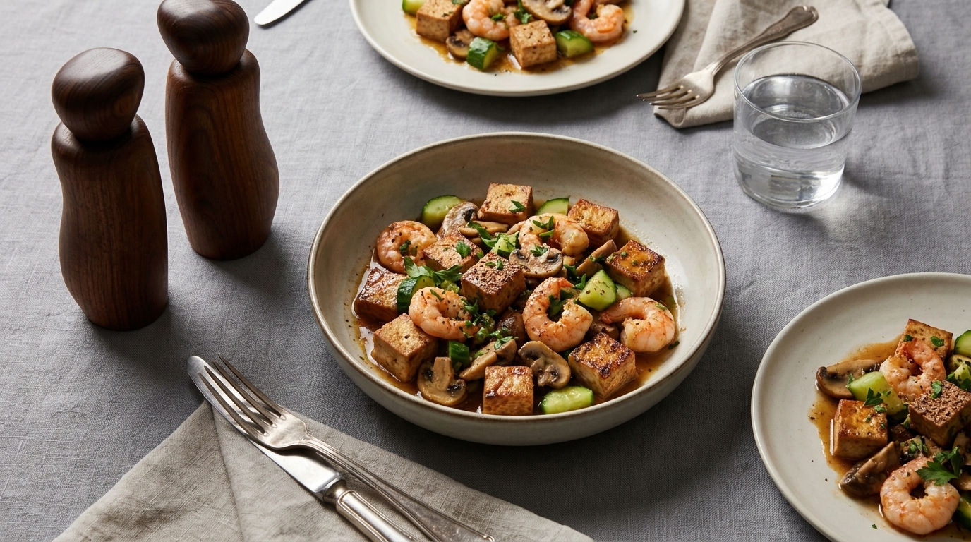 Schüssel mit gebratenen Garnelen und knusprigen Tofuwürfeln, Zucchini- und Champignonstücken in würziger Sauce, mit frischen Kräutern garniert.
