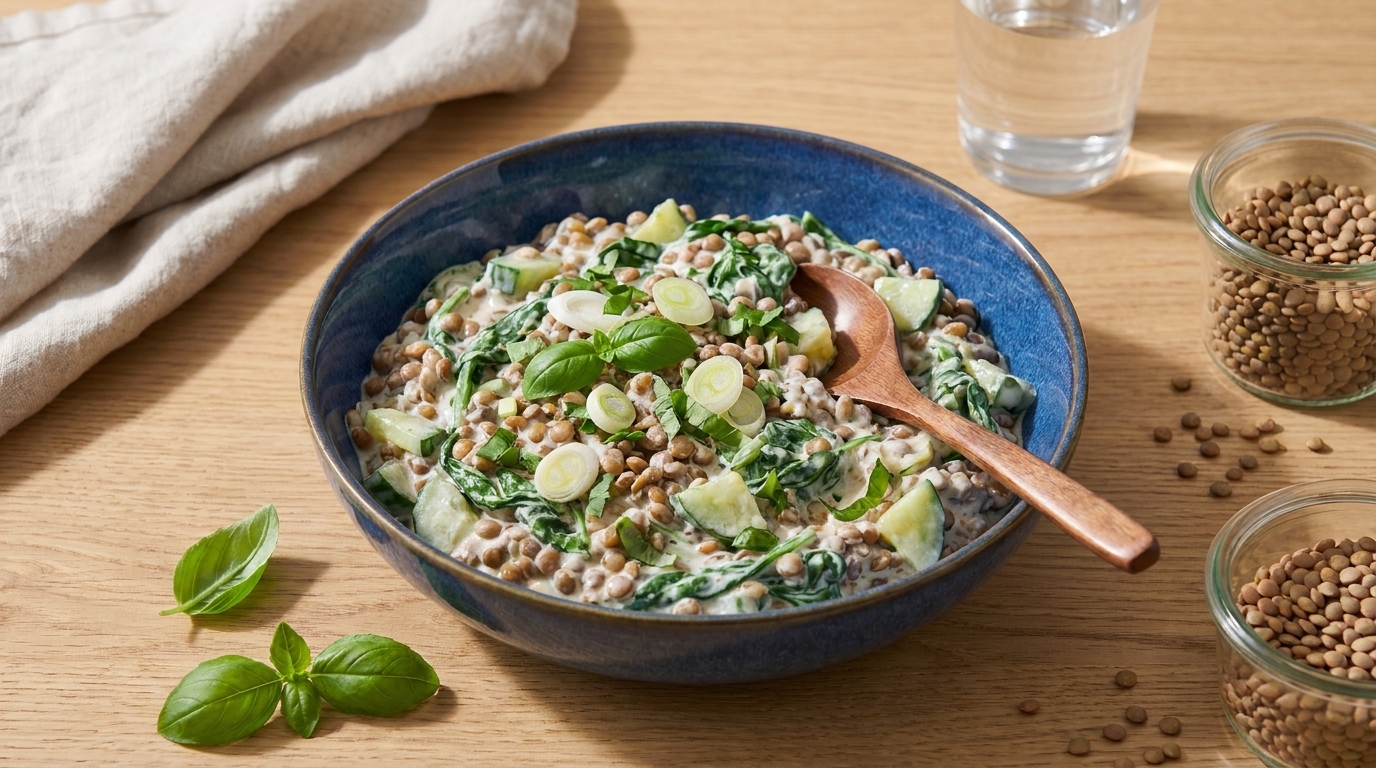 Blaue Schüssel mit cremigem Linsensalat aus braunen Linsen, Gurkenscheiben, frischem Spinat und Basilikum, darin ein Holzlöffel.