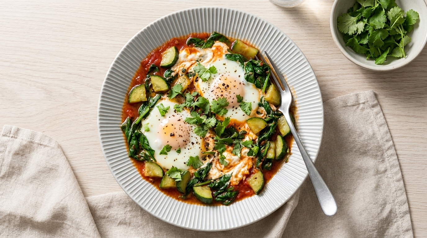 Schüssel mit zwei pochierten Eiern in würziger Tomatensauce, dazu gebratene Zucchini, Spinat und frischer Koriander als Garnitur.