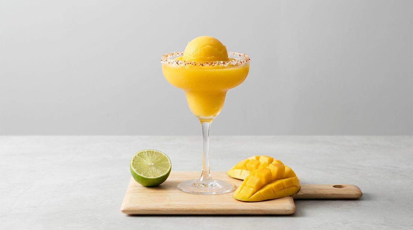 Gefrorener Mango-Cocktail in einem Margarita-Glas mit gezuckertem Rand, auf einem Holzbrett neben halbierter Limette und aufgeschnittener, gewürfelter Mango.
