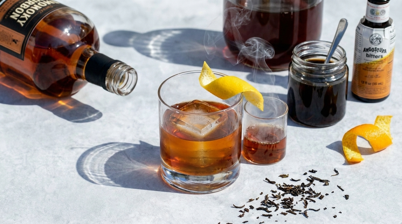 Whisky-Cocktail im Tumbler auf Eis mit Zitronenzeste, daneben kleines Glas mit dunkler Flüssigkeit, Glasgefäß mit Sirup, Bitters-Fläschchen und liegende Whiskyflasche auf hellem Untergrund.