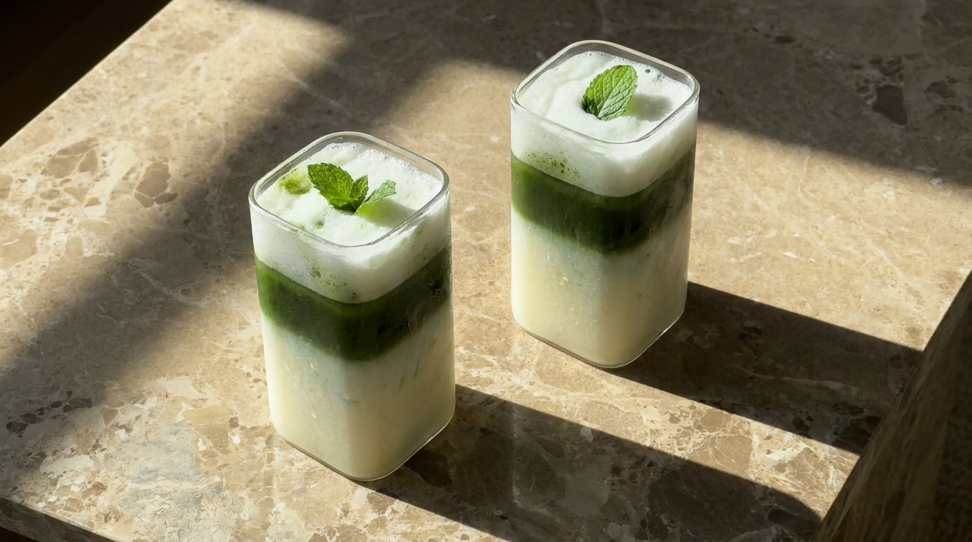 Zwei eckige Gläser mit geschichteten Matcha‑Milchgetränken: milchig weiß, grüne Matcha‑Schicht, Schaumschicht mit Minzblatt, auf Marmor.