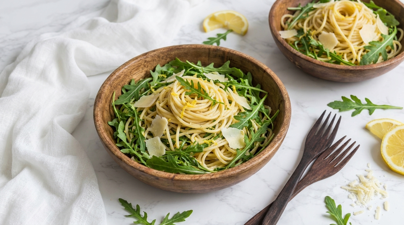 Zwei Holzschalen mit Spaghetti‑Nestern auf Rucola, garniert mit Zitronenscheiben und Parmesanspänen.