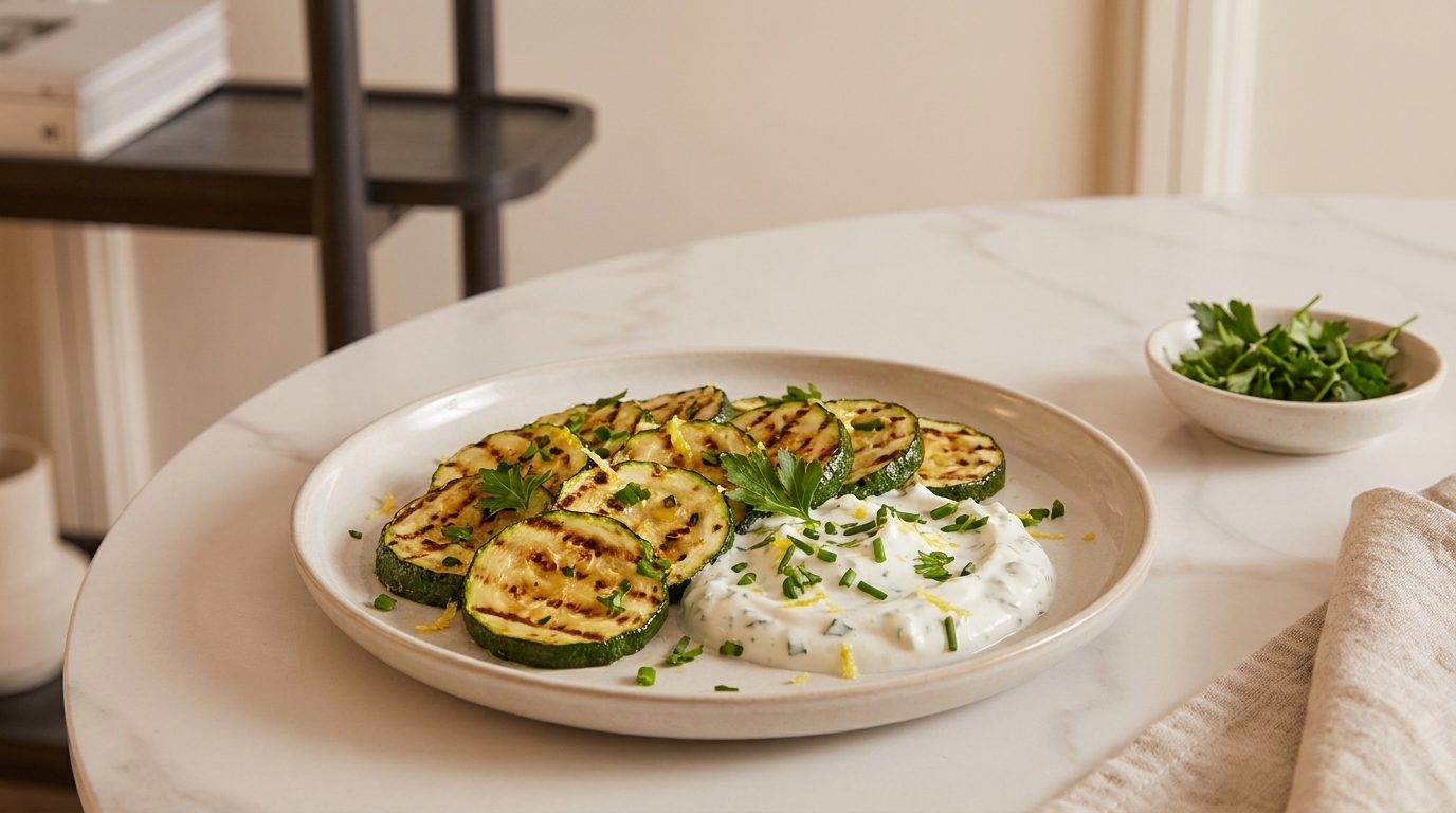 Teller mit gegrillten Zucchinischeiben mit sichtbaren Grillstreifen, serviert neben einem cremigen Kräuter-Joghurt-Dip und bestreut mit gehackter Petersilie und Schnittlauch.