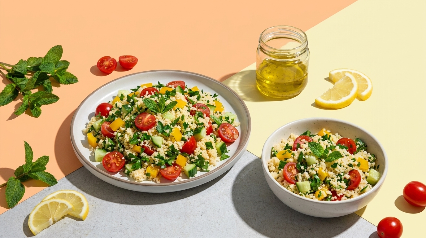 Zwei Schalen mit buntem Couscous-Salat mit Kirschtomaten, Gurkenwürfeln, frischen Kräutern, Zitronenscheiben und einem Glas Olivenöl.