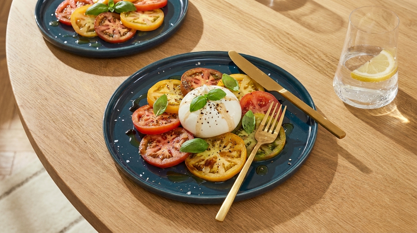 Burrata-Käsekugel auf Scheiben roter und gelber Tomaten, garniert mit frischem Basilikum, Olivenöl und Pfeffer, serviert auf einem blauen Teller.