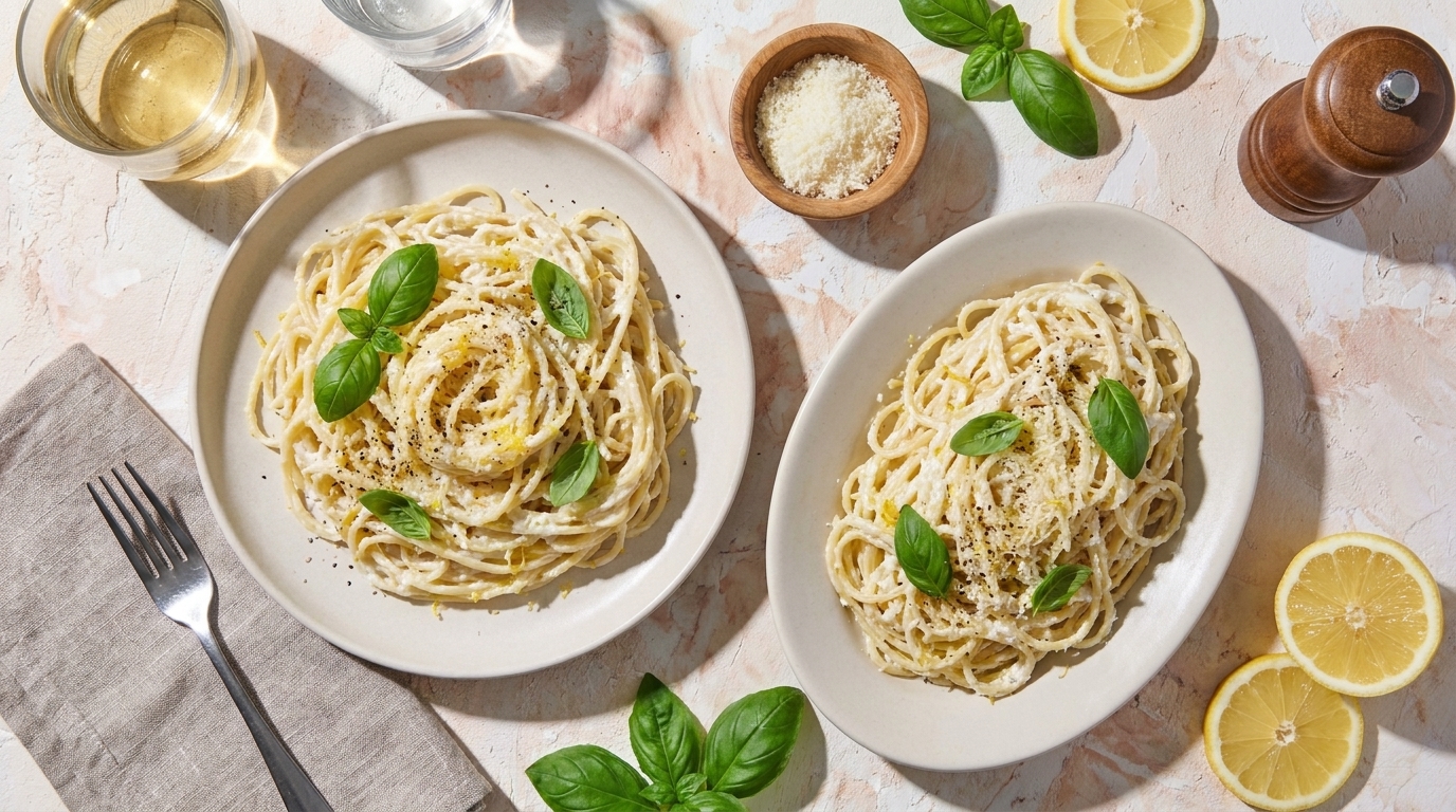 Zwei Teller Spaghetti in cremiger Zitronen-Parmesan-Sauce, bestreut mit schwarzem Pfeffer und garniert mit frischen Basilikumblättern.