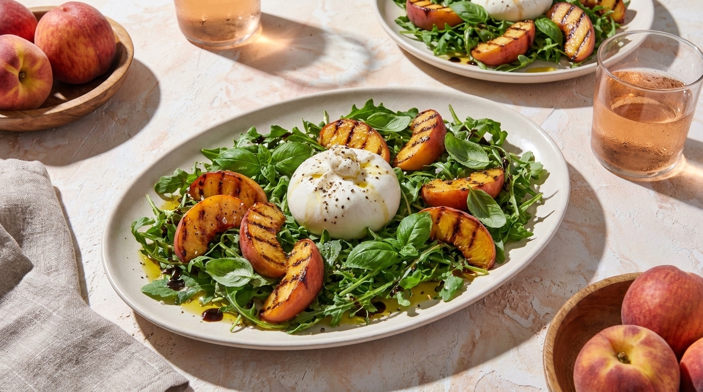 Burrata auf Rucola mit gegrillten Pfirsichscheiben, frischem Basilikum und Balsamico‑Vinaigrette.