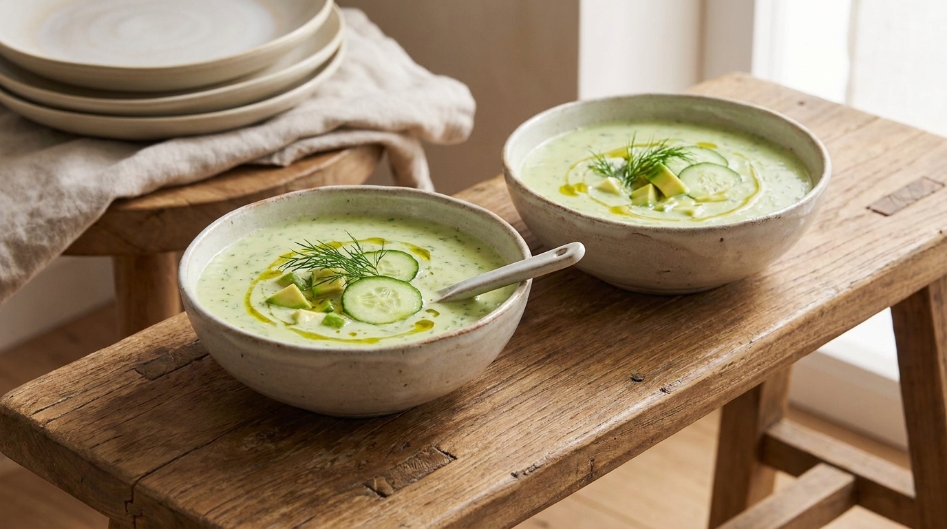 Zwei Schalen kalte grüne Gurkensuppe, garniert mit Gurkenscheiben, Dill und Olivenöl; eine Schale mit Löffel auf rustikalem Holzbänkchen.