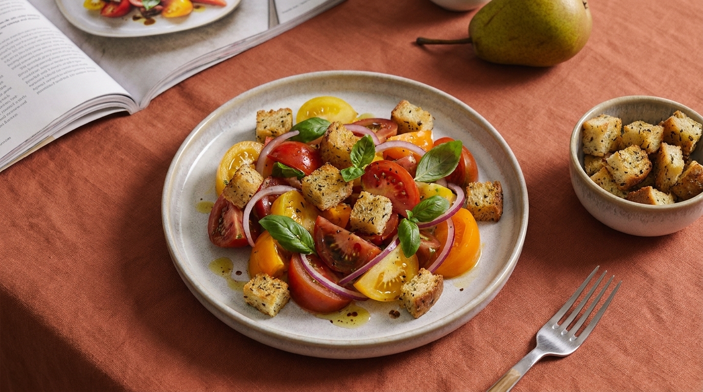 Teller mit Tomatensalat aus gelben und roten Tomatenscheiben, roten Zwiebelringen, Basilikumblättern und knusprigen Croutons, leicht mit Olivenöl beträufelt.