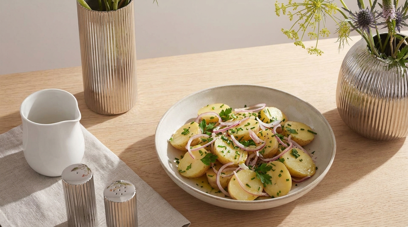 Teller mit Kartoffelsalat aus dünn geschnittenen Pellkartoffeln, roten Zwiebelringen, gehackter Petersilie und leichter Vinaigrette.