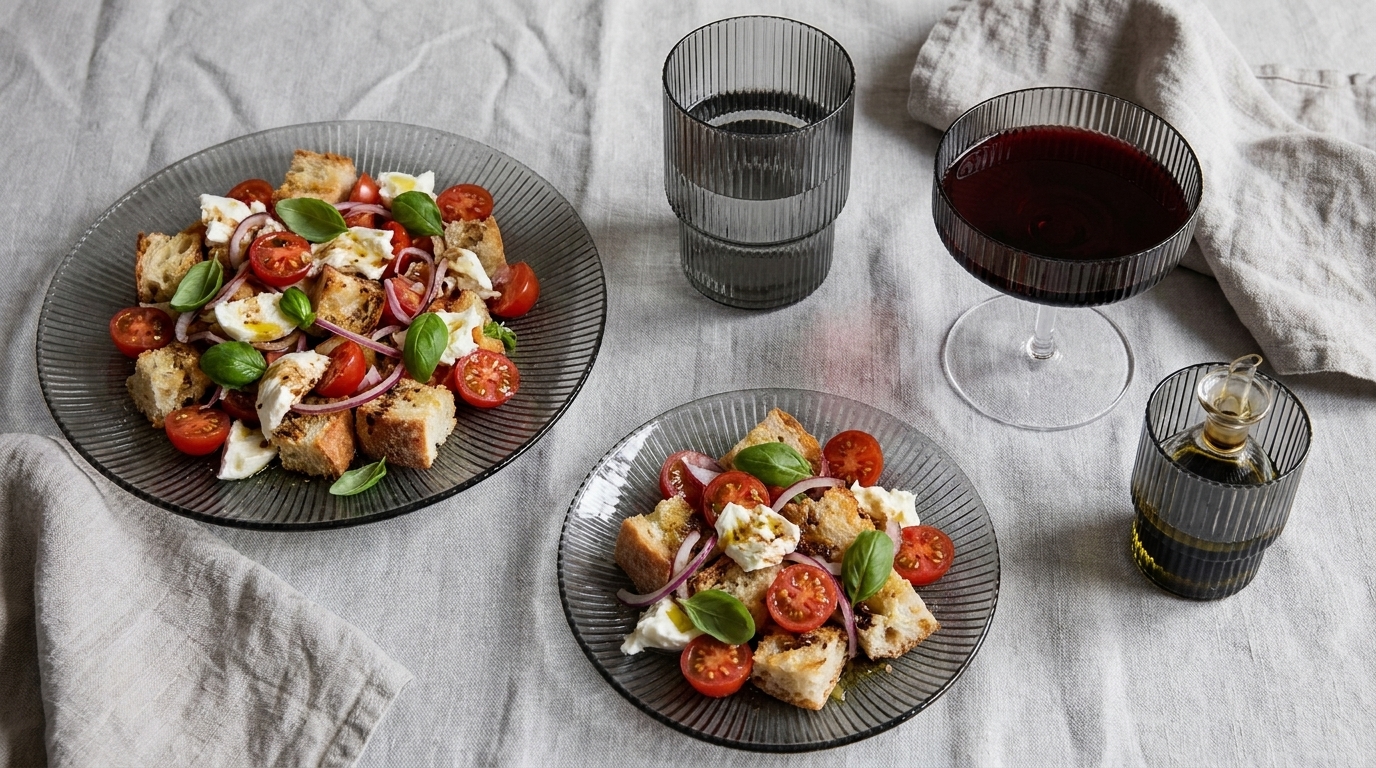 Zwei Teller Panzanella mit Cherrytomaten, Brotwürfeln, Mozzarellastücken, roten Zwiebeln und frischem Basilikum auf hellem Tuch.
