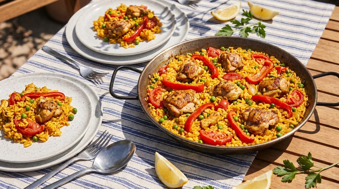 Große Pfanne mit Paella: gelber Reis mit Hähnchenstücken, roten Paprikastreifen, Erbsen und Cherrytomaten, dazu zwei angerichtete Teller und Zitronenspalten auf gedecktem Holztisch.