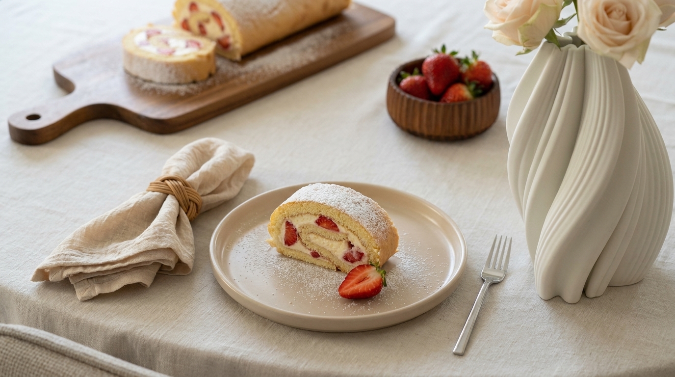 Nahaufnahme eines Stücks Erdbeer-Biskuitrolle (Roulade) mit Sahnefüllung, Puderzucker und halber Erdbeere auf einem Teller; im Hintergrund eine angeschnittene Rolle und Schale mit frischen Erdbeeren.