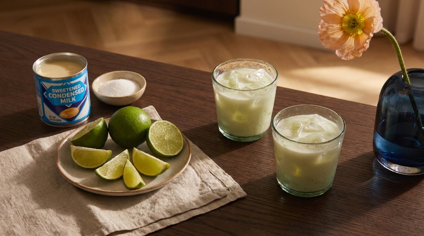 Zwei Gläser mit eisigem, milchig-grünem Limettengetränk; daneben Limetten und Limettenschnitze auf einem Teller, eine Dose gesüßte Kondensmilch und ein kleines Schälchen Zucker auf einem Tisch.