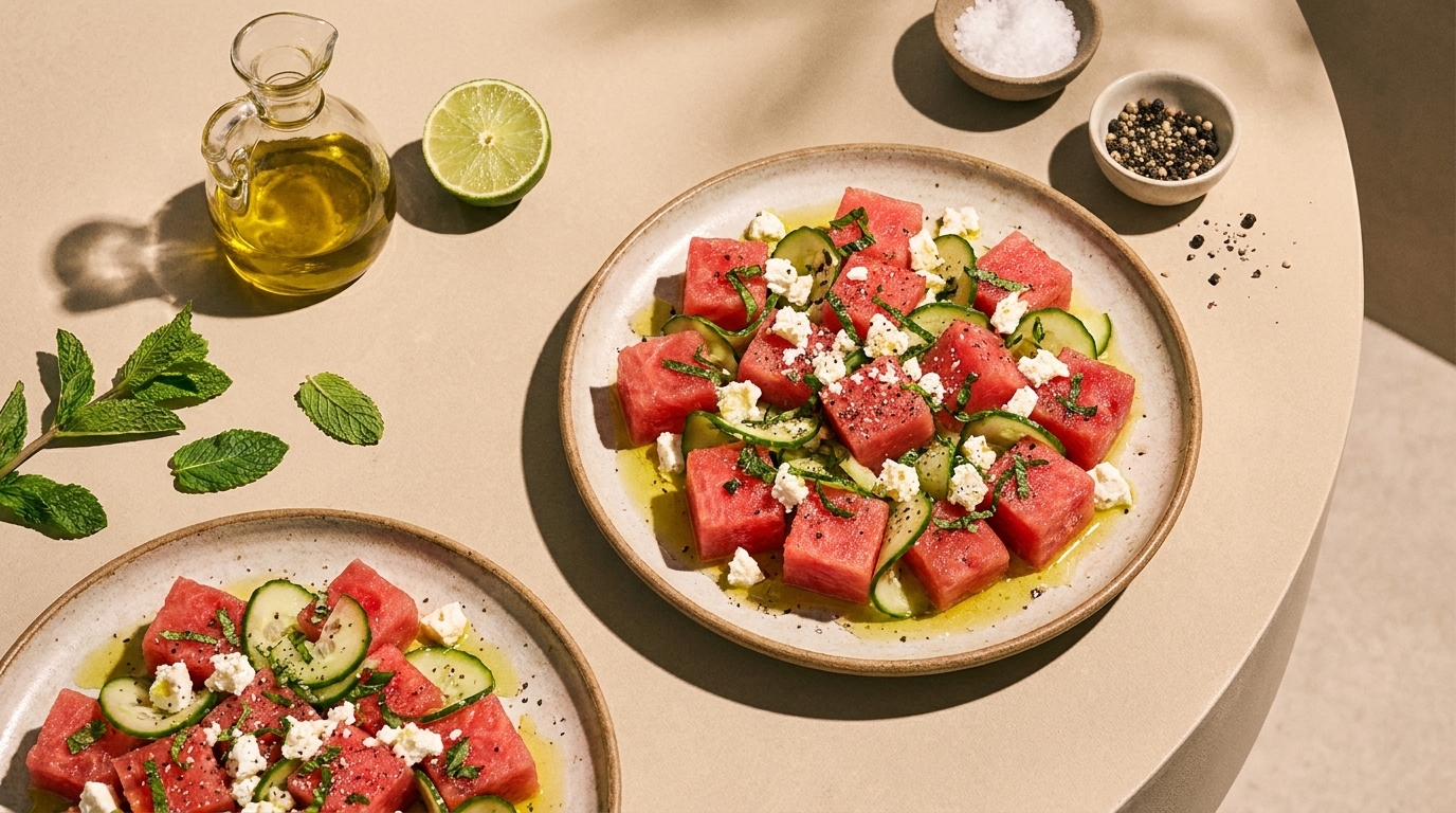 Zwei Teller mit Wassermelonen-Gurkensalat: Würfel aus Wassermelone, dünne Gurkenbänder, zerbröselter Feta, frische Minze und Olivenöl; daneben Limette, Olivenölkaraffe sowie Salz- und Pfefferbehälter.