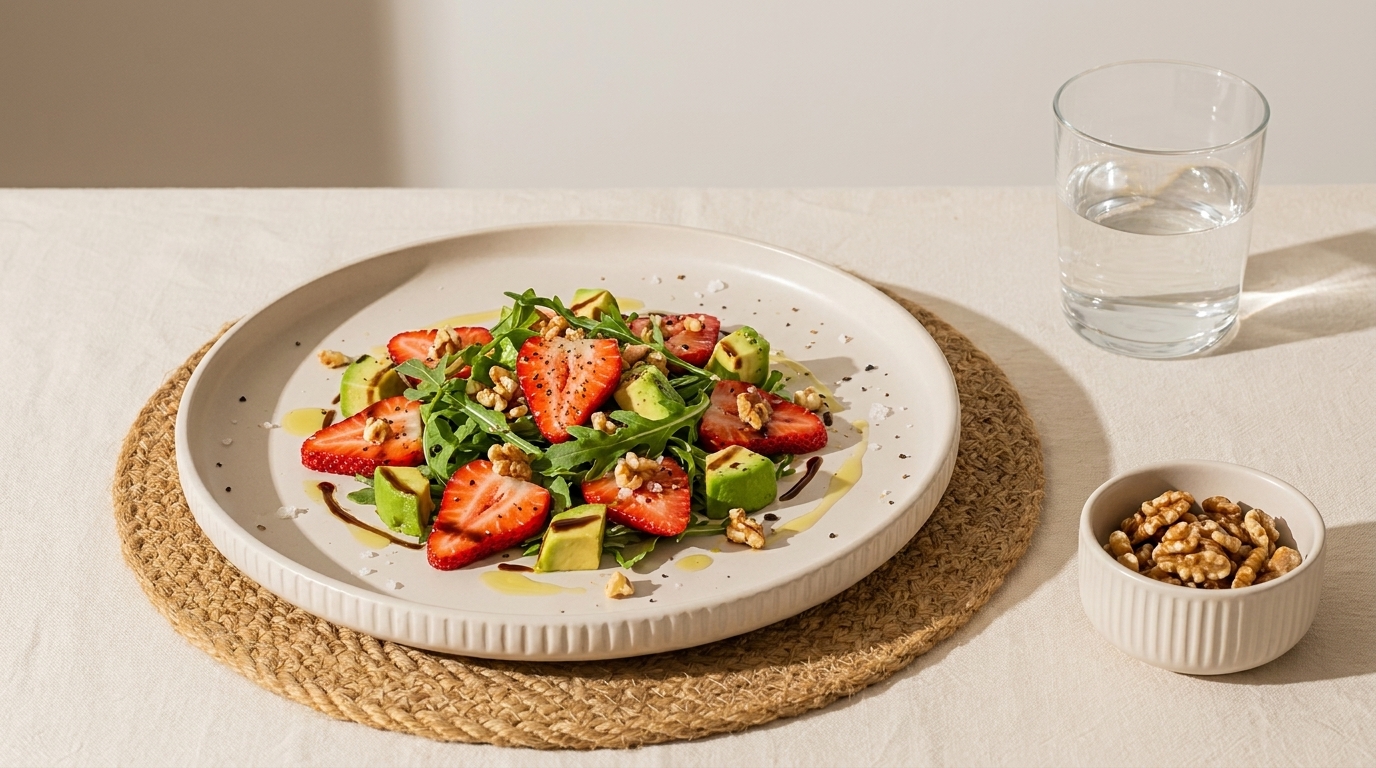 Weißer Teller mit Salat aus Avocadowürfeln, geviertelten Erdbeeren, Rucola und Walnussstücken, leicht mit Balsamico beträufelt.