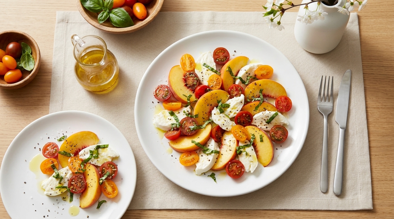 Weißer Teller mit Pfirsich‑Mozzarella-Salat: Pfirsichscheiben, Mozzarella, halbierte Kirschtomaten, frische Kräuter und Olivenöl.