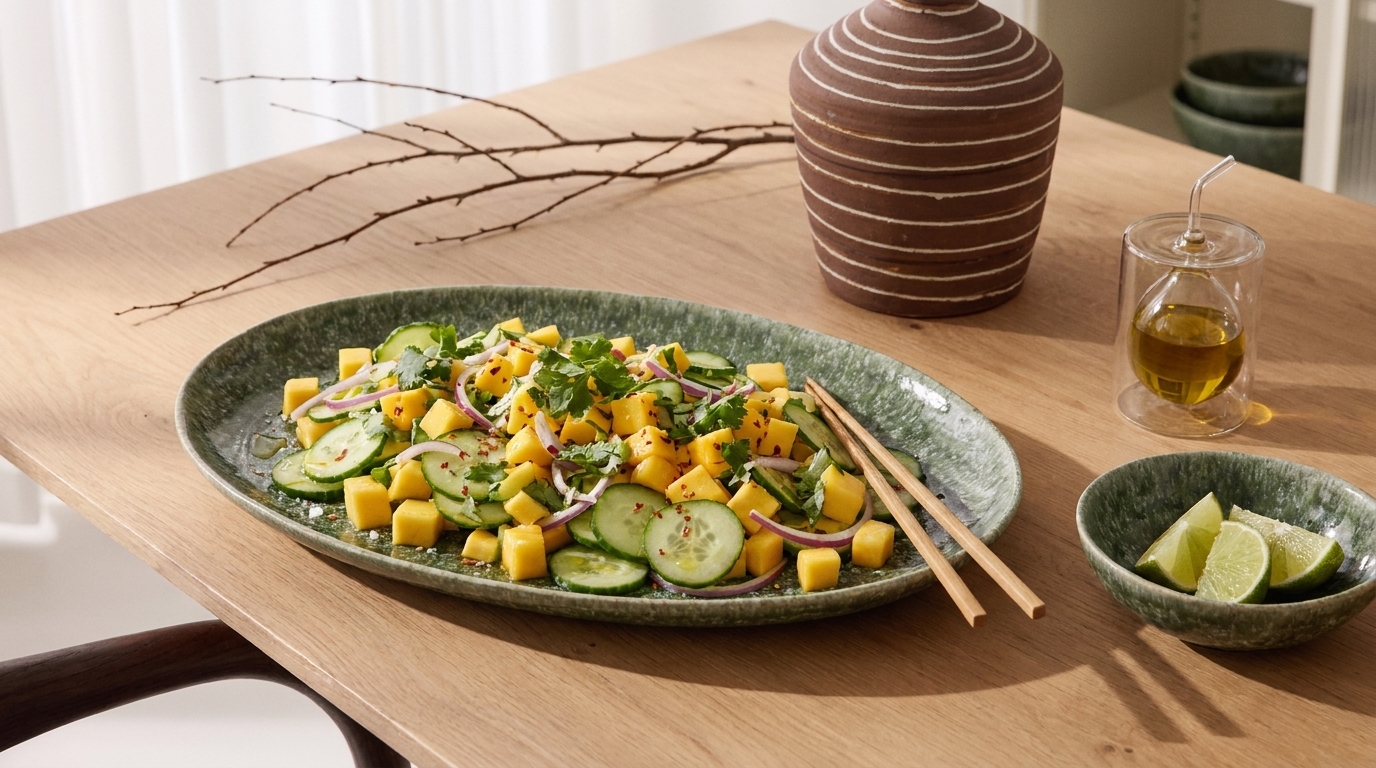 Frischer Mango-Gurken-Salat mit roten Zwiebeln, Koriander und Chili auf ovalem grünen Teller; Essstäbchen, Limettenstücke und kleinem Glas Olivenöl auf Holztisch.