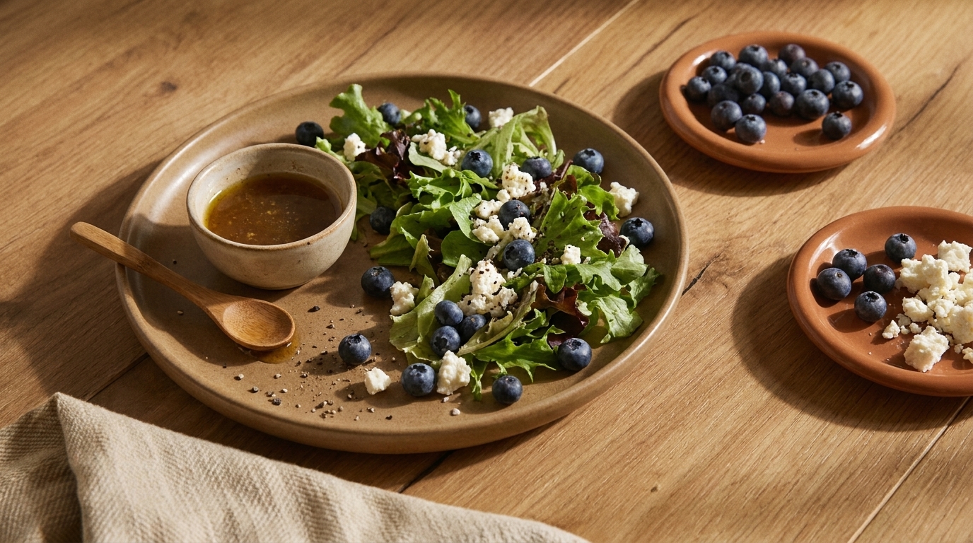 Teller mit Rucola-Salat, frischen Heidelbeeren und zerbröseltem Feta, daneben Schälchen mit Dressing und Holzlöffel; zwei kleine Teller mit zusätzlichen Heidelbeeren und Feta.