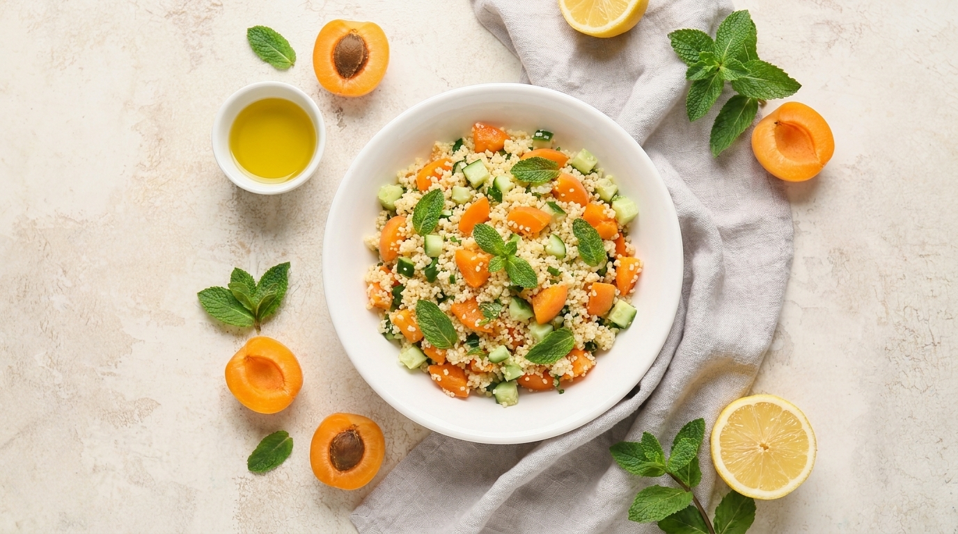 Weiße Schüssel mit Couscous-Salat, gewürfelter Gurke, Aprikosenstücken und frischen Minzblättern; daneben Aprikosenhälften, Zitronenscheiben und Olivenöl.