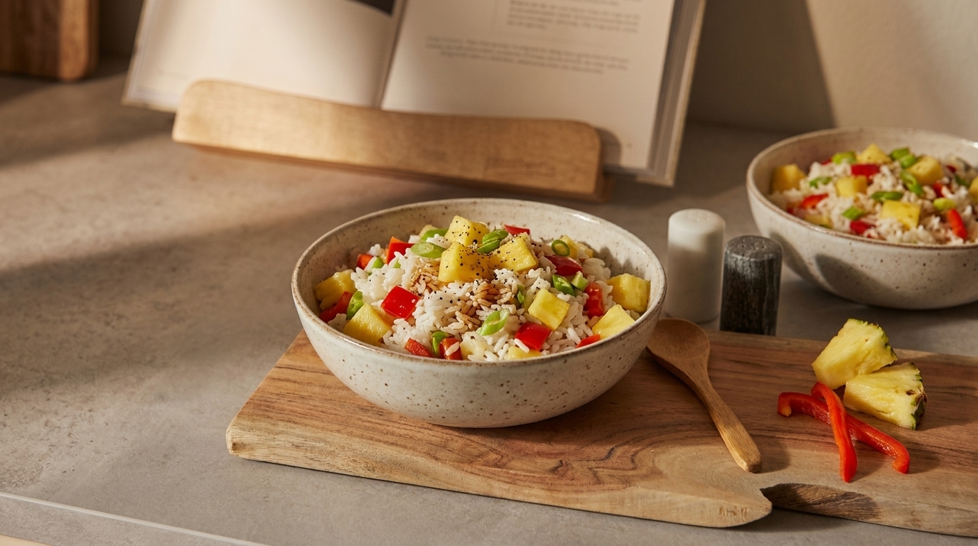 Zwei Schalen mit Reis, Ananaswürfeln, roten Paprikastücken und Kräutern auf einer Holzplatte; im Vordergrund ein Holzlöffel und angeschnittene Ananas‑ und Paprikastücke.