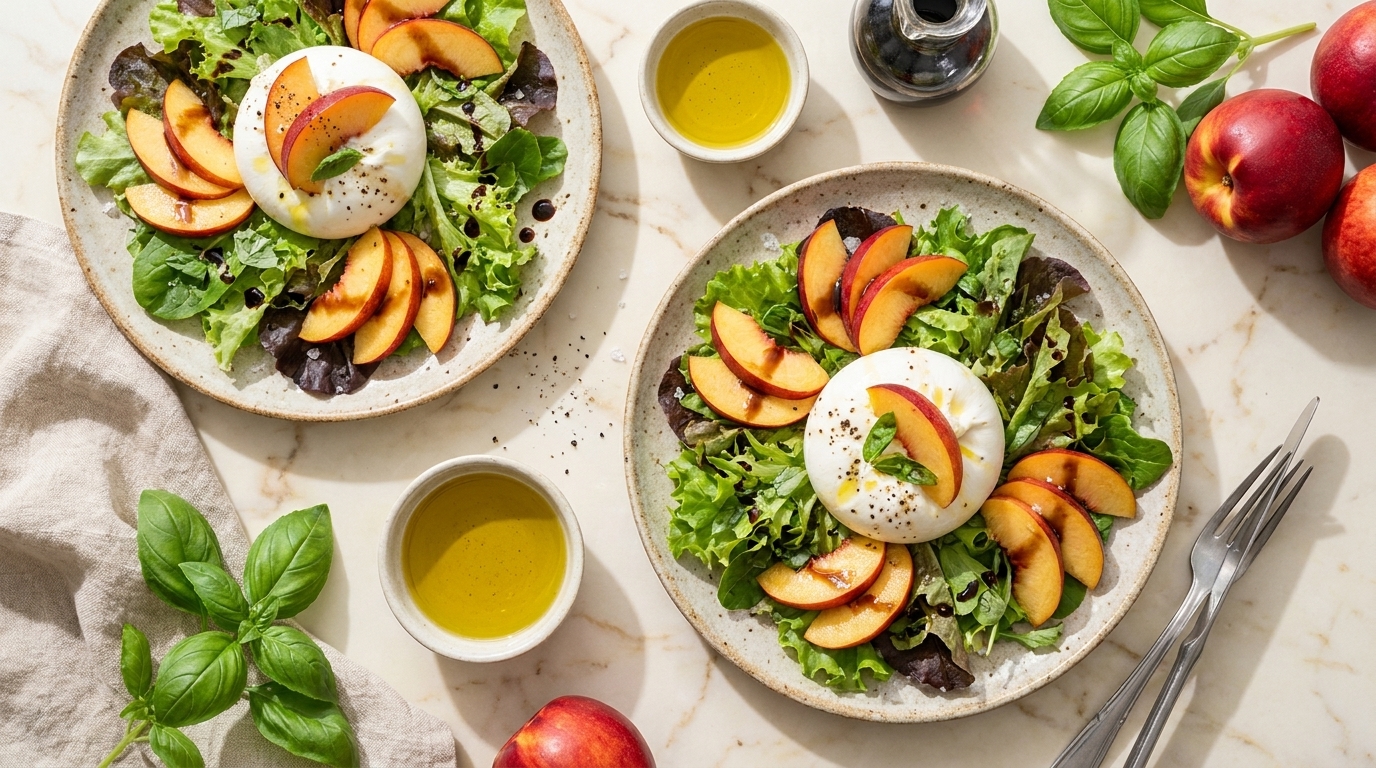 Zwei Teller Sommersalat: gemischte Blattsalate mit einer Burrata‑Kugel und Scheiben frischer Pfirsiche, garniert mit Basilikum, dazu kleine Schälchen Olivenöl.