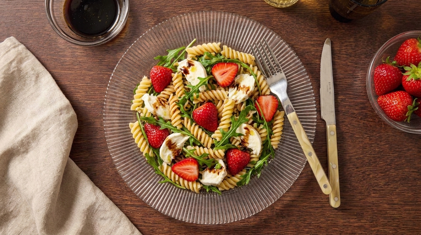 Teller mit Fusilli-Pasta-Salat aus Rucola, Mozzarellakugeln, halbierten Erdbeeren und Balsamico-Glasur; Messer und Gabel liegen daneben auf dem Holztisch.