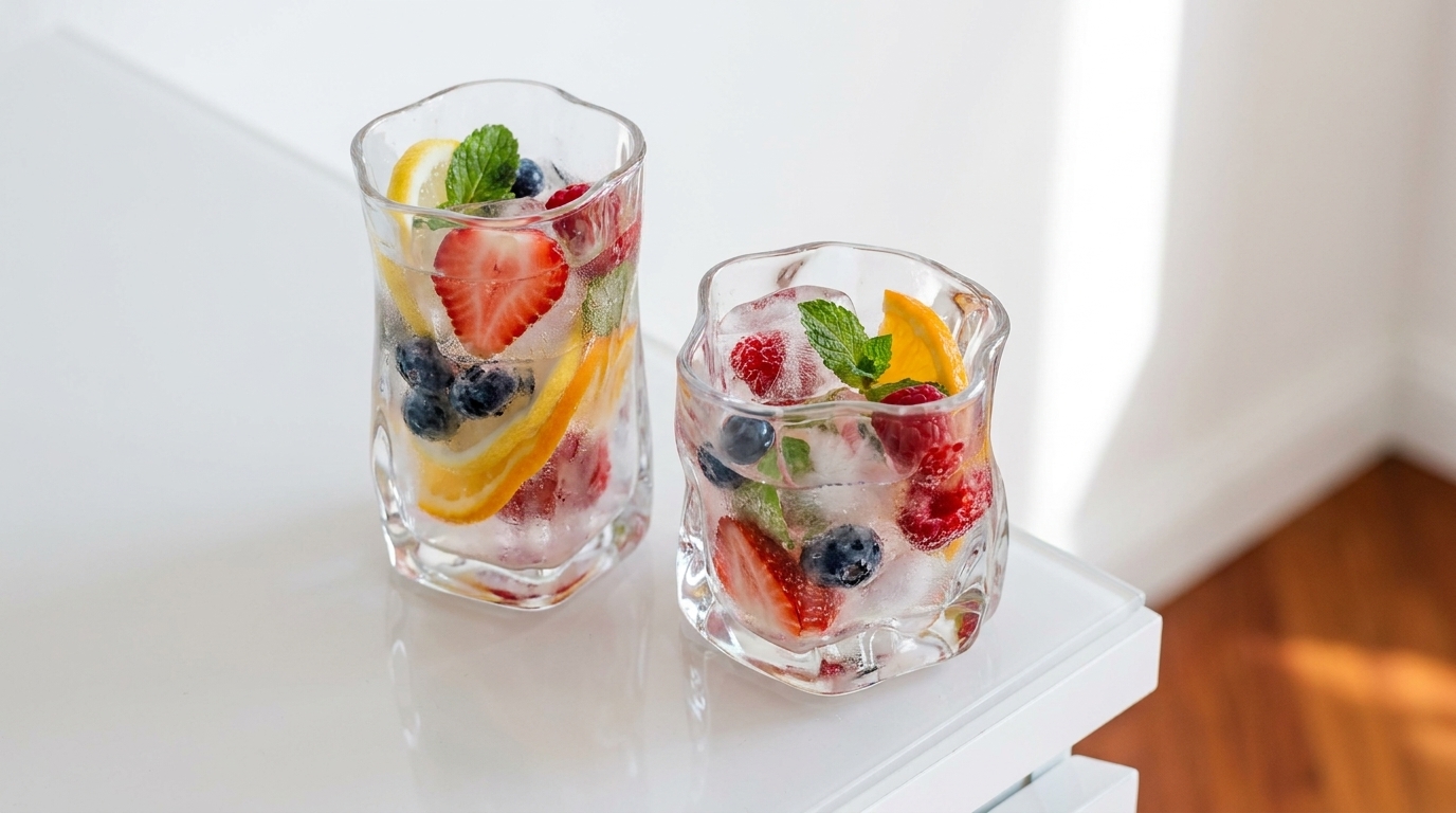 Zwei klare Gläser mit Eiswürfeln, Zitronenscheiben, Erdbeeren, Blaubeeren, Himbeeren und Minzblättern als fruchtige Erfrischung.