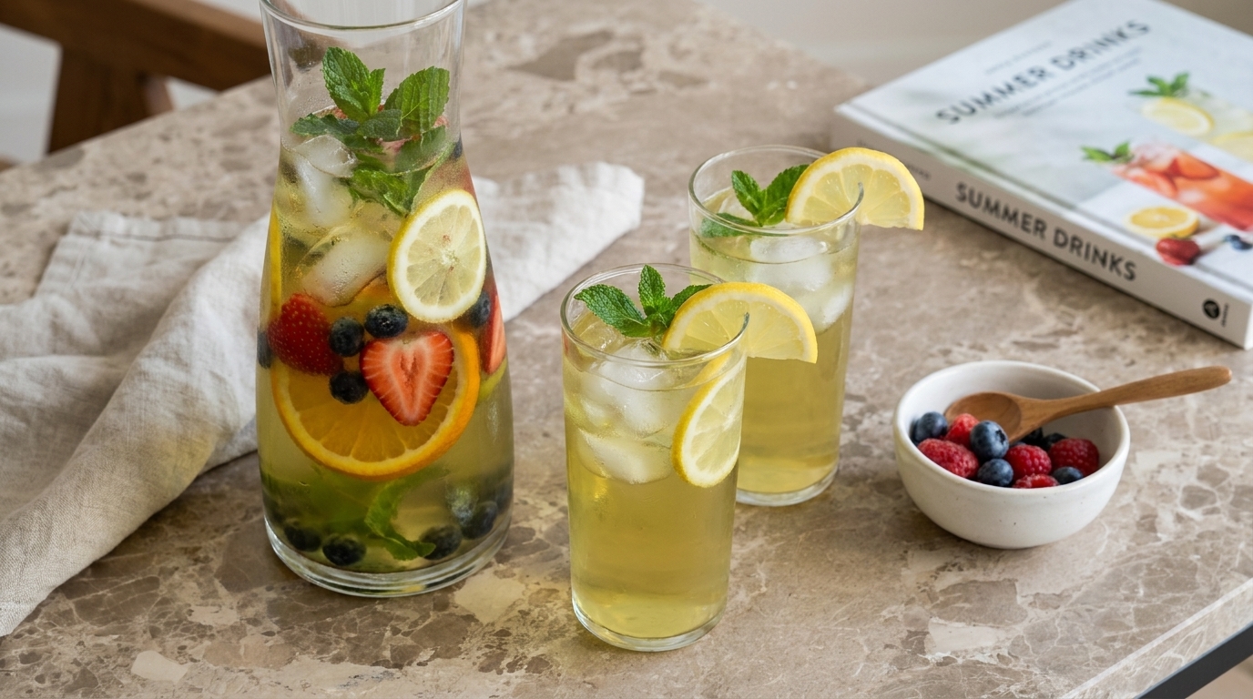 Krug und zwei hohe Gläser mit eisgekühlter zitronig-minziger Erfrischung, garniert mit Zitronenscheiben, Minze und gemischten Beeren, auf einer Marmoroberfläche.