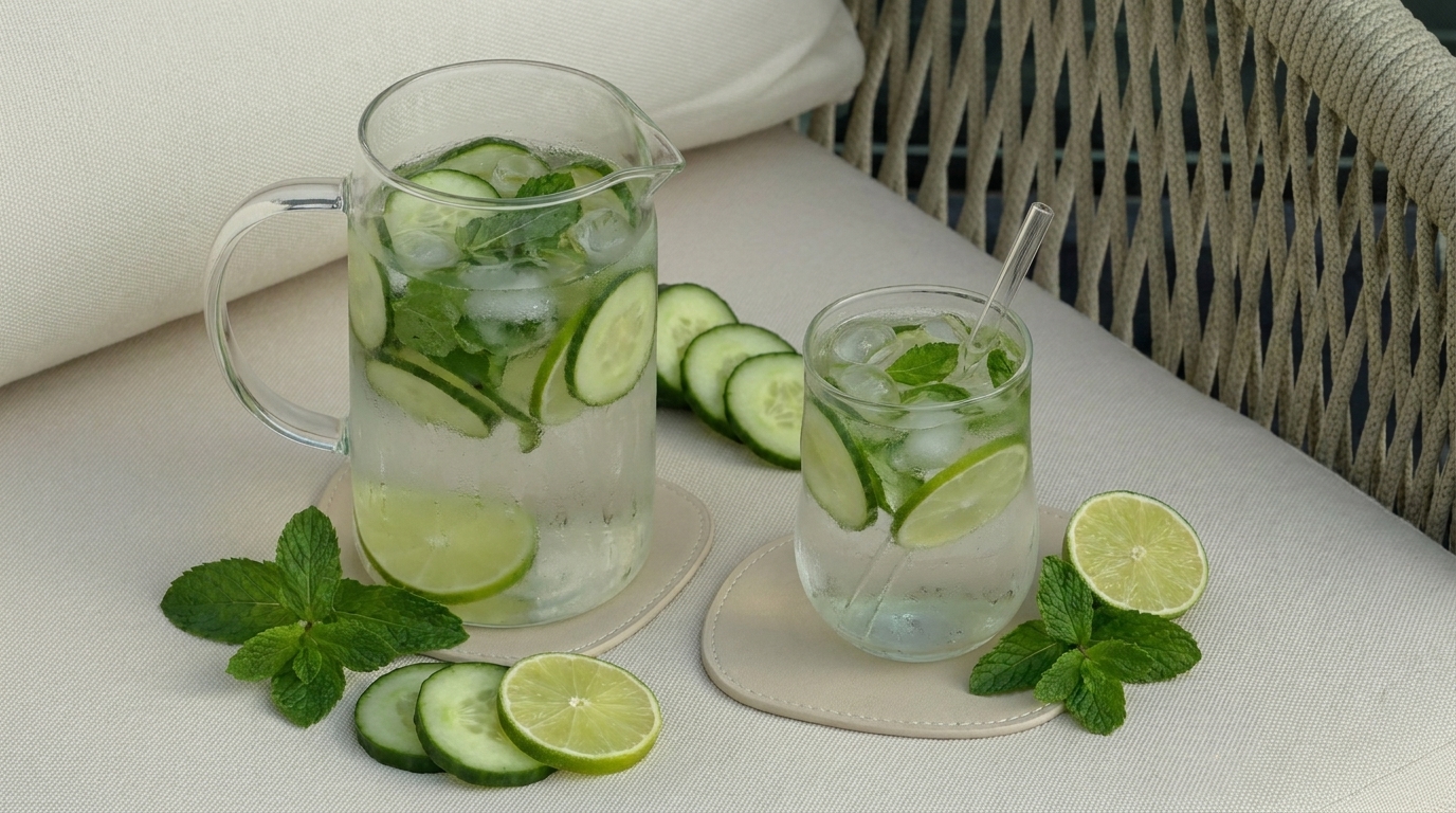 Krug und Glas mit erfrischendem Wasser, Gurken- und Limettenscheiben, Limette, Eiswürfeln und frischer Minze auf hellem Polster.