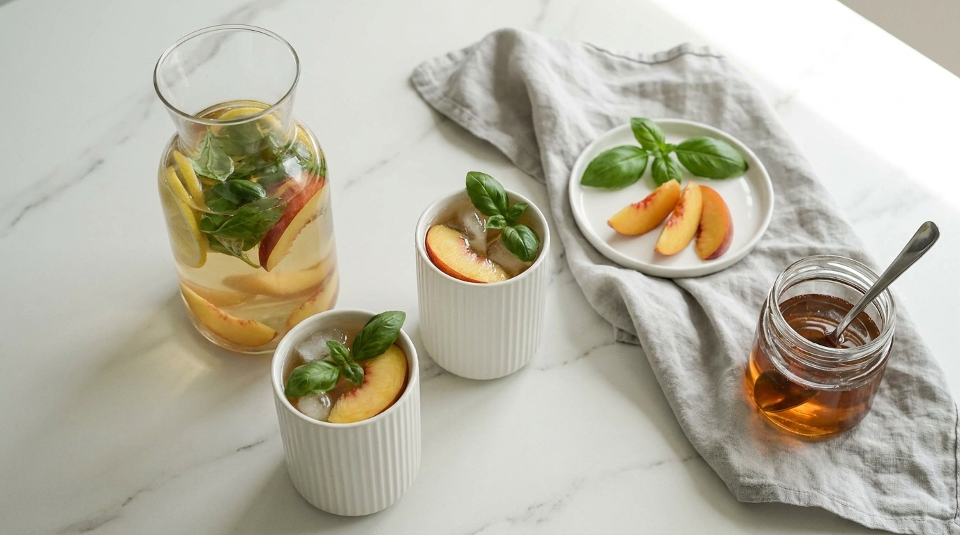Sommerliches Arrangement: Karaffe mit Pfirsichscheiben und Kräutern, zwei kleine Becher mit Pfirsichgarnitur, Teller mit Basilikum und ein Glas Honig auf hellem Untergrund.