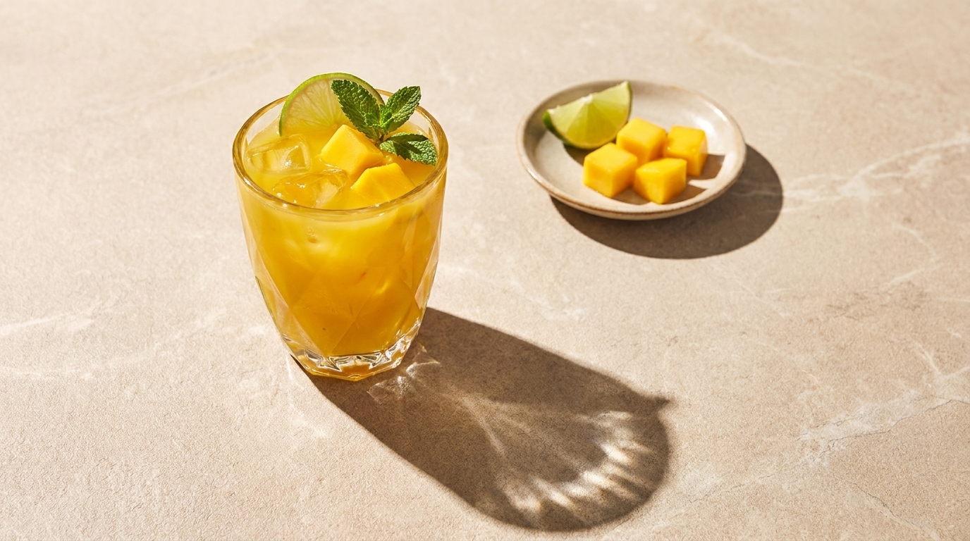 Glas mit eisgekühltem Mangosaft, garniert mit Limettenscheibe und Minzblatt; daneben kleine Schale mit Limettenstück und Mangowürfeln.