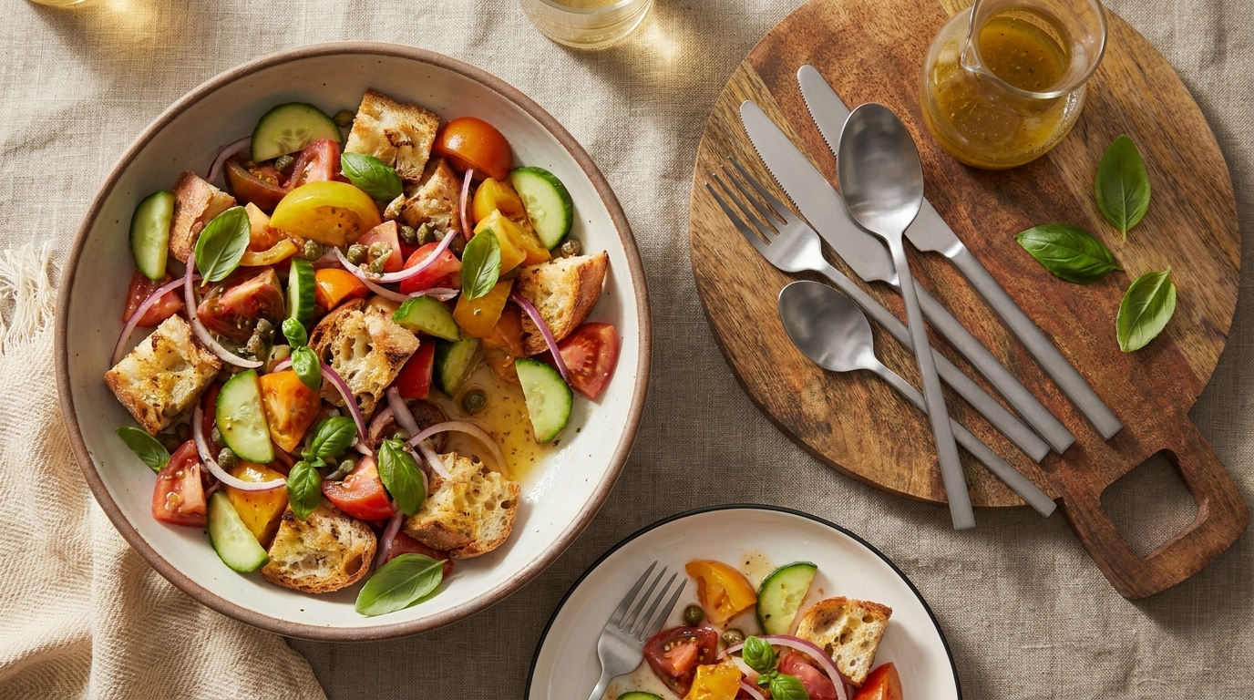 Schüssel mit Panzanella-Salat: Tomaten, Gurken, rote Zwiebeln, Basilikum und Brotwürfel, daneben ein kleiner Teller mit einer Portion und Besteck.