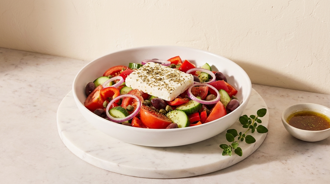 Griechischer Salat in weißer Schale: grobe Tomaten- und Gurkenstücke, rote Zwiebelringe, schwarze Oliven, ein Stück Fetakäse mit Kräutern obendrauf; daneben kleine Schale mit Dressing.