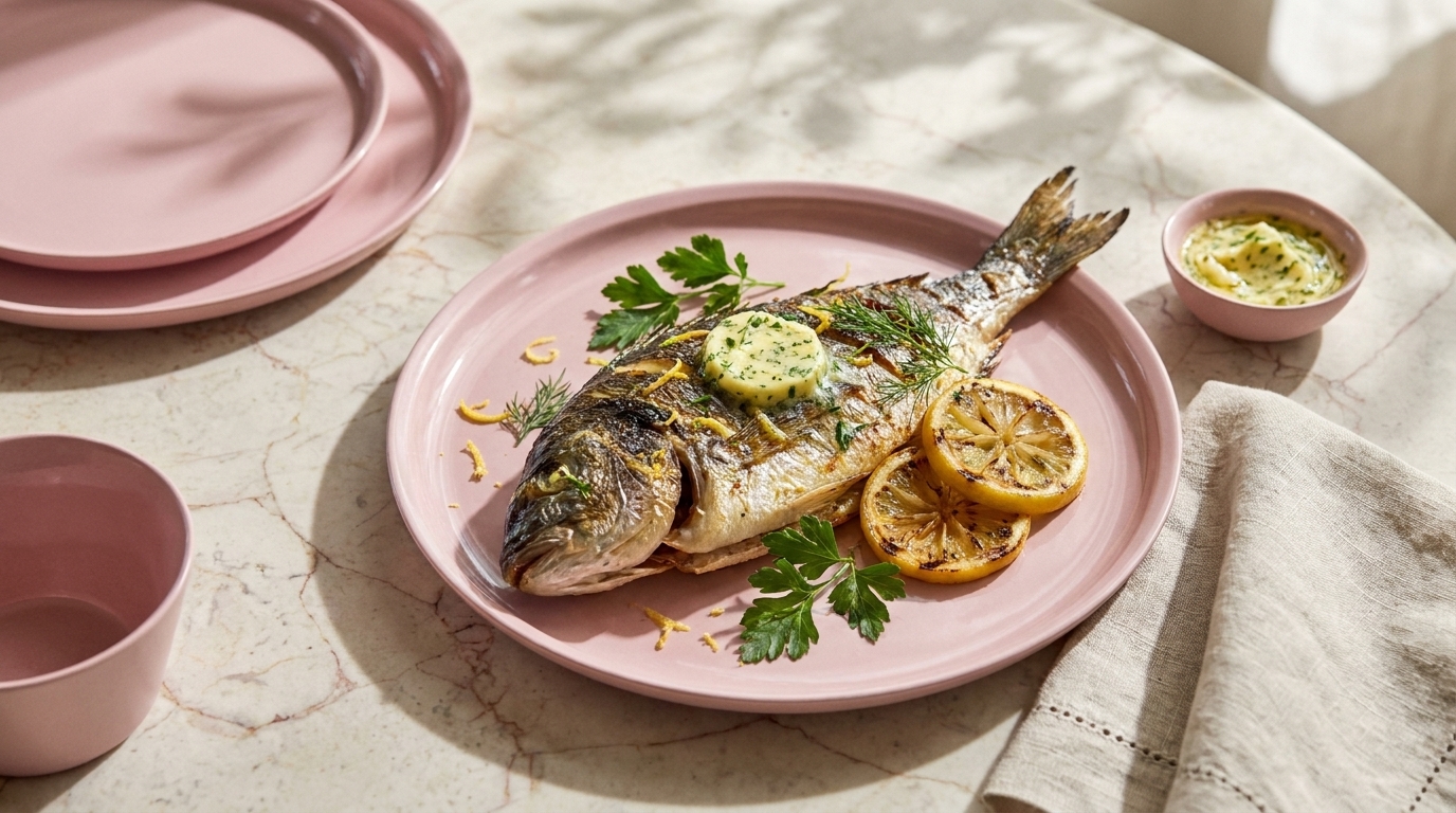 Gebratene ganze Dorade auf rosafarbenem Teller, garniert mit Kräuterbutter, gegrillten Zitronenscheiben und Petersilie; kleine Schale mit Kräuterdip daneben.