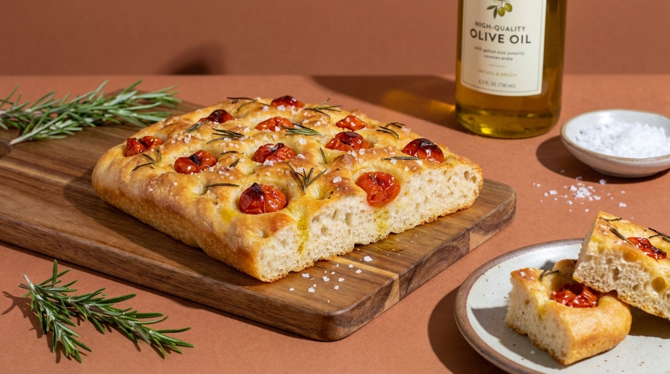 Rechteckige Focaccia mit halben Kirschtomaten, Rosmarinzweigen und grobem Meersalz auf einem Holzbrett, zwei Stücke auf kleinem Teller.