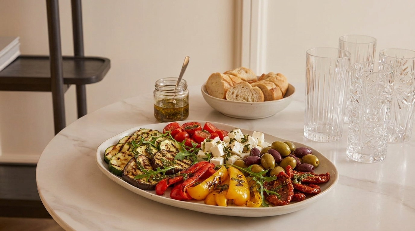 Ovale Platte mit Antipasti: gegrillte Zucchini, bunte Paprika, Kirschtomaten, Fetawürfel, Oliven und getrocknete Tomaten; Schüssel mit Brotscheiben und Gläser auf marmoriertem Tisch.