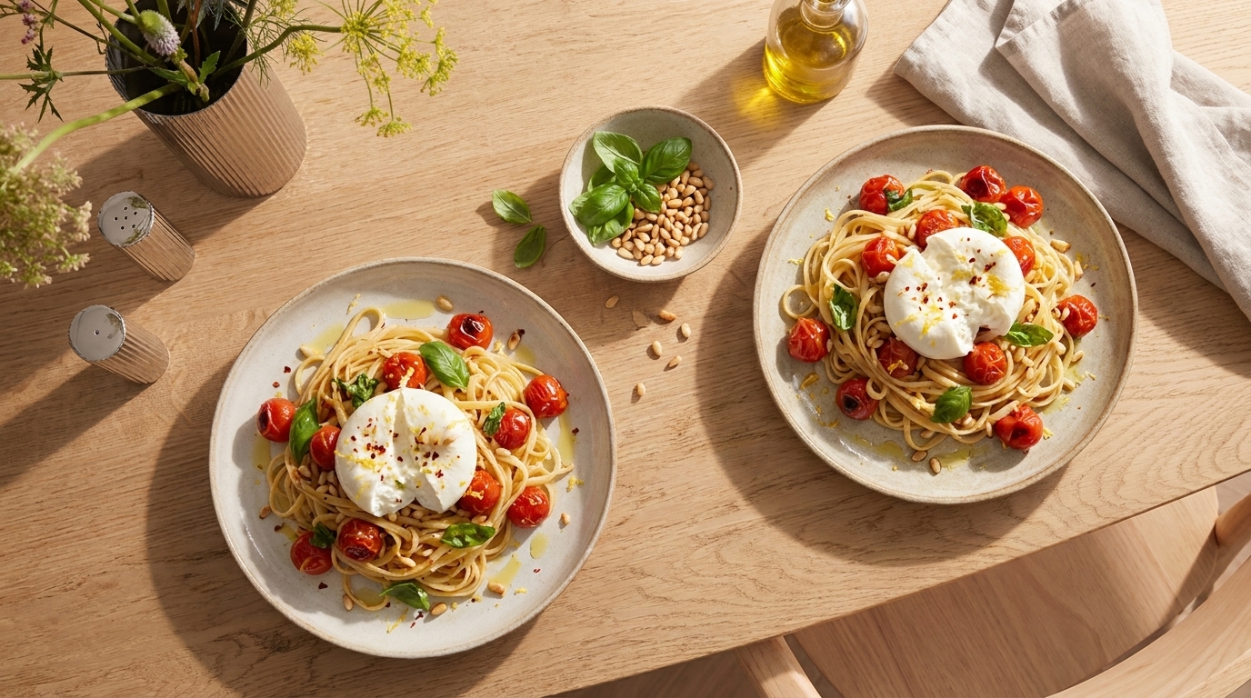 Zwei Teller Spaghetti mit Kirschtomaten, frischem Basilikum, Pinienkernen und jeweils einer Burrata-Käsekugel, gewürzt mit Pfeffer und Olivenöl auf hellem Holztisch.