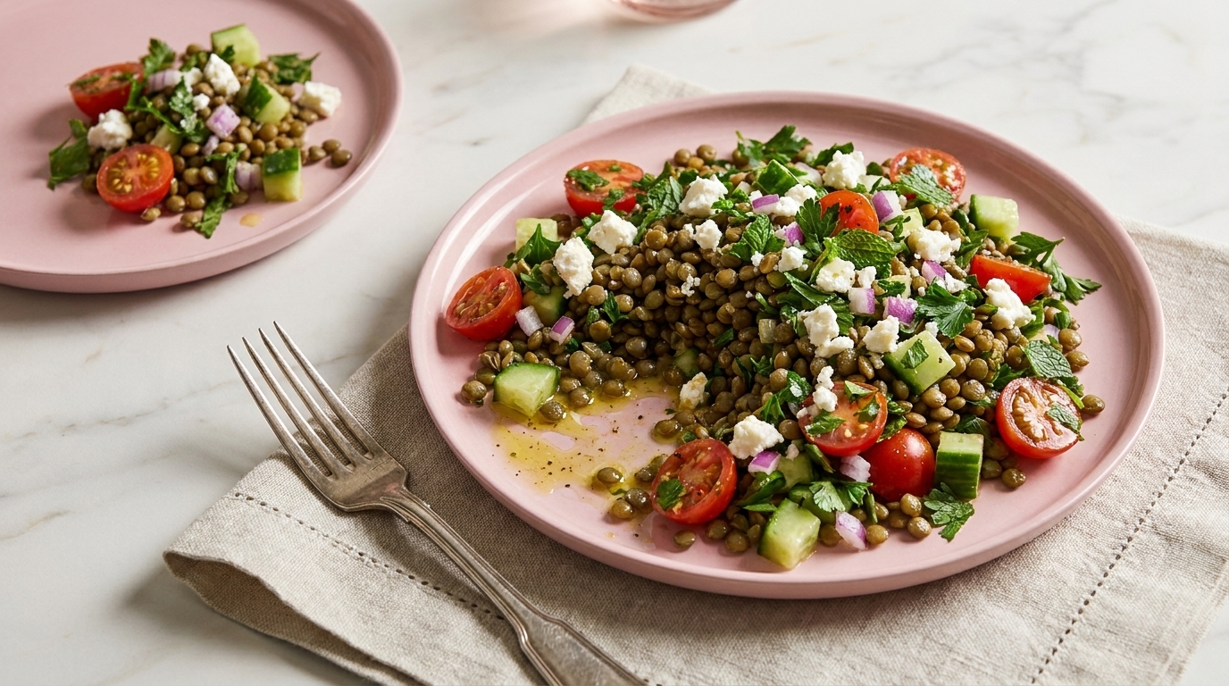 Linsensalat mit grünen Linsen, halbierten Kirschtomaten, gewürfelter Gurke, roten Zwiebeln, Feta und Petersilie, leicht mit Olivenöl angemacht, serviert auf einem rosa Teller.