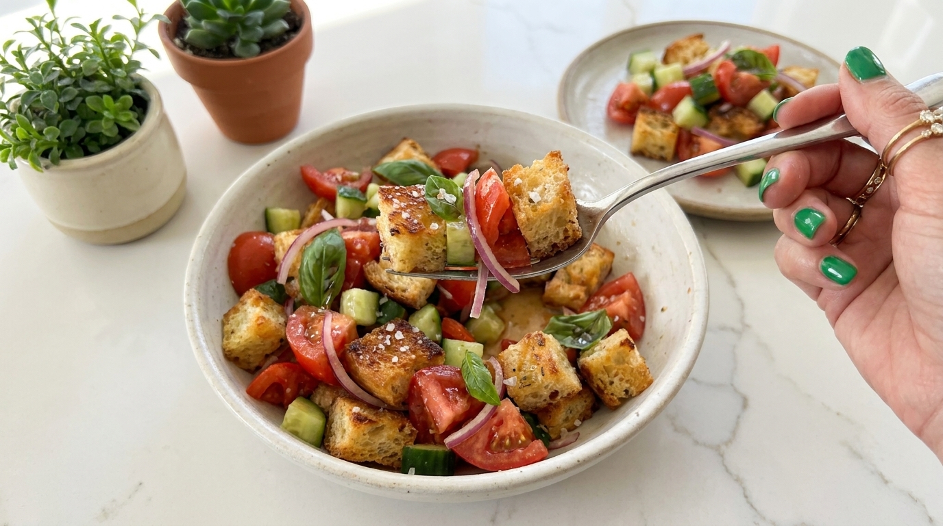 Schüssel Panzanella-Salat mit knusprigen Brotwürfeln, reifen Tomaten, Gurken, roten Zwiebeln und frischem Basilikum, leicht mit Vinaigrette beträufelt.