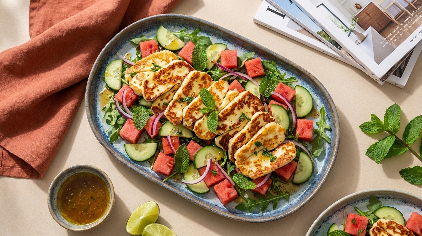 Gebratene Halloumi-Scheiben auf Rucola-Salat mit Wassermelonenwürfeln, Gurkenscheiben, roten Zwiebelringen und Minzblättern; Limettenspalten und Dressing daneben.