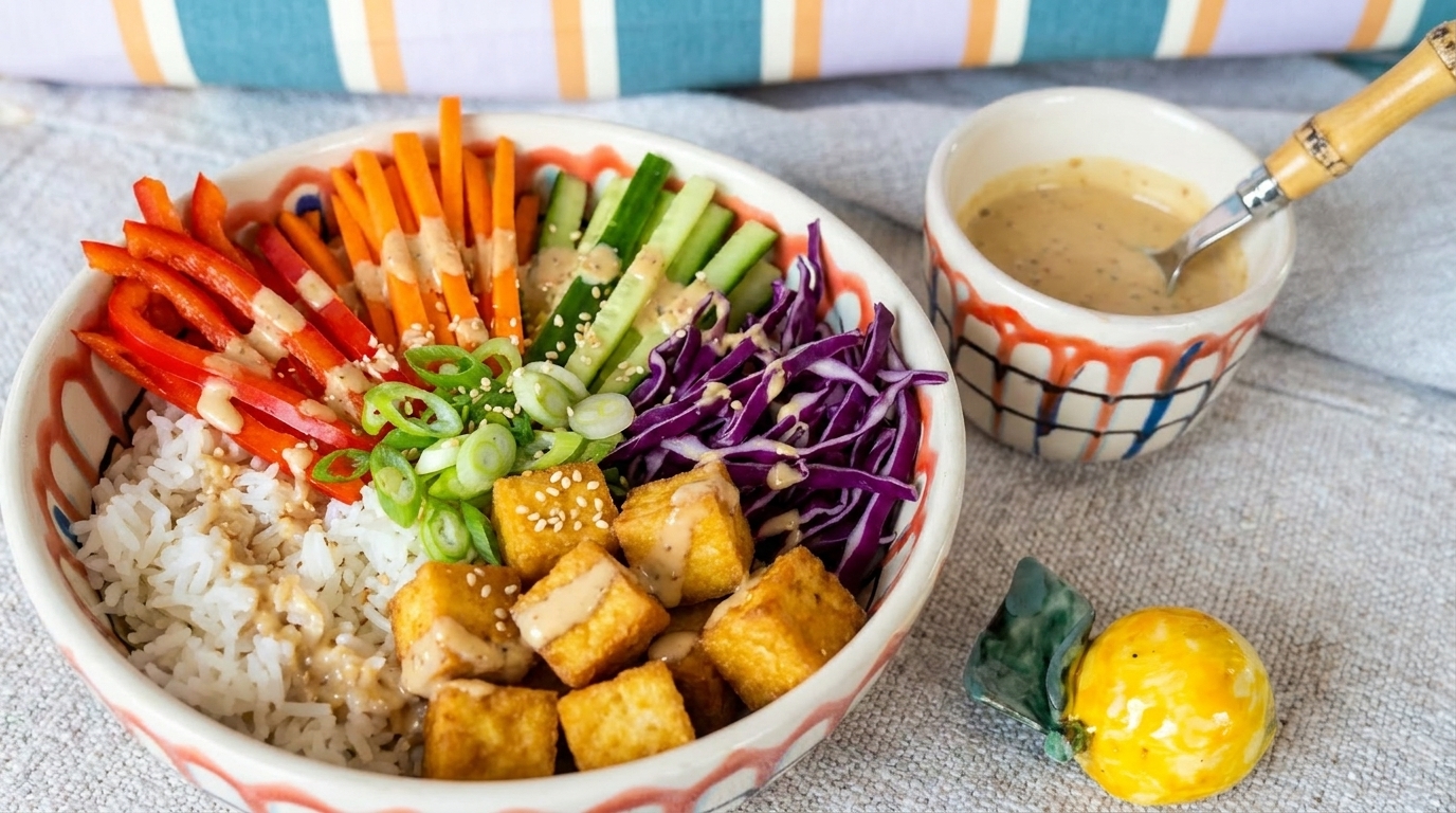 Bunte Buddha-Bowl mit Reis, gebratenen Tofuwürfeln, Streifen von roter Paprika, Karotte und Gurke, fein geschnittenem Rotkohl, Frühlingszwiebeln und Sesam; daneben ein Schälchen mit Dressing.