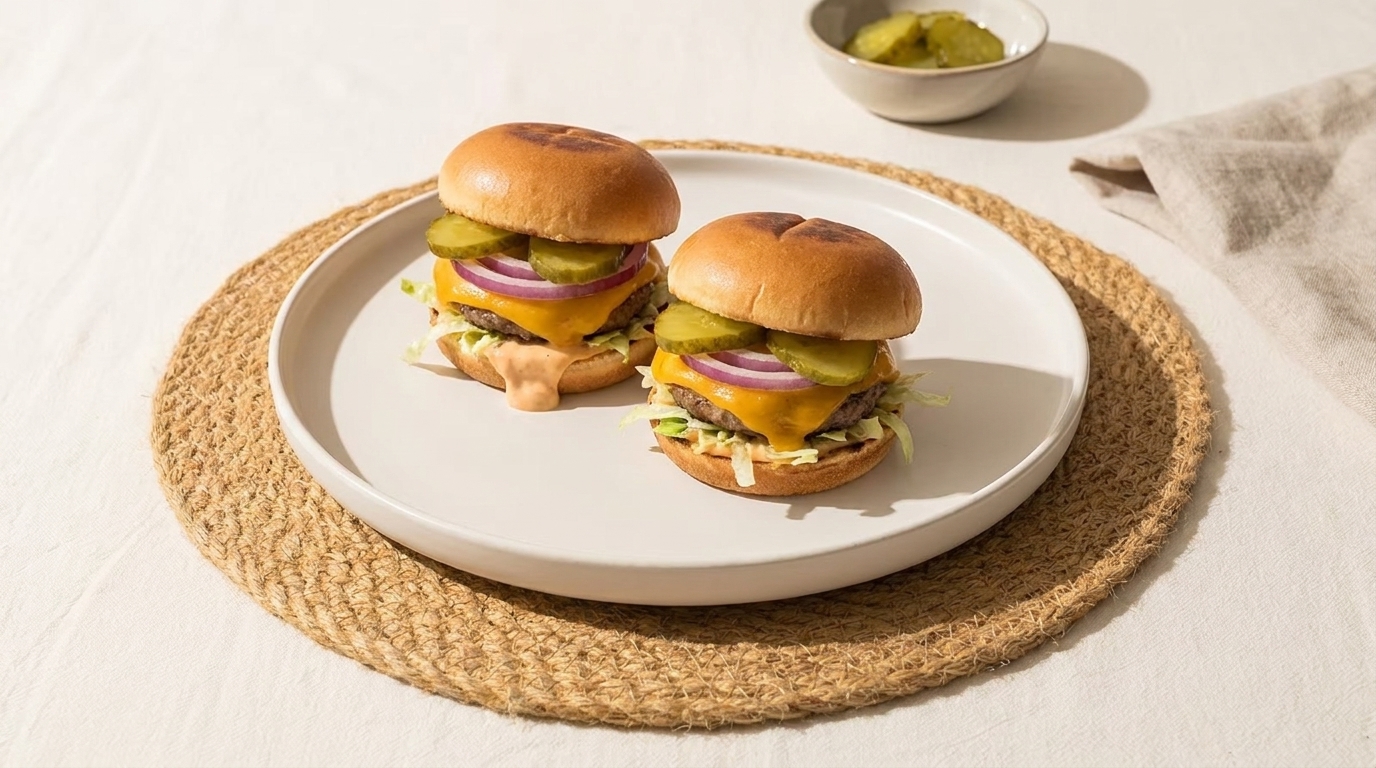 Zwei kleine Cheeseburger auf einem weißen Teller, belegt mit geschmolzenem Käse, roten Zwiebelringen, Gewürzgurkenscheiben, Salat und Sauce.
