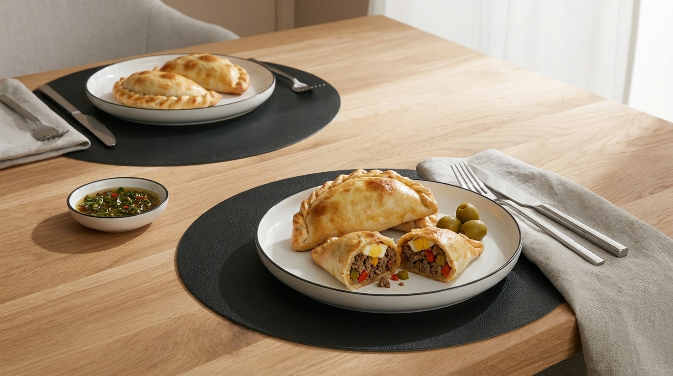 Zwei Teller mit gebackenen Empanadas auf einem Holztisch; ein Teller zeigt aufgeschnittene Empanadas mit bunter Gemüse- und Fleischfüllung, dazu grüne Oliven, kleines Schälchen Sauce, Besteck und Serviette.