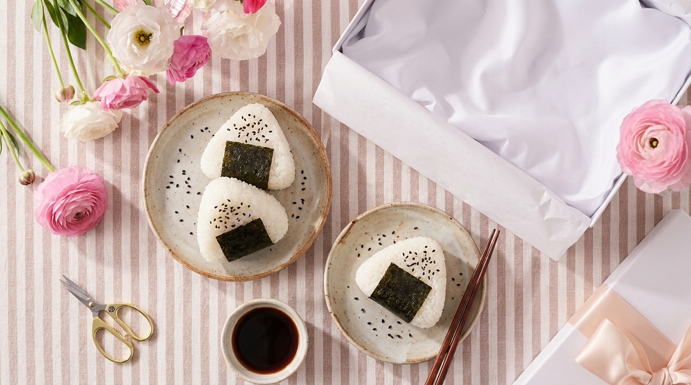 Zwei dreieckige Onigiri-Reisbällchen mit Sesam und Nori auf Keramiktellern, daneben Chopsticks und eine kleine Schale Sojasauce auf gestreiftem Tuch.