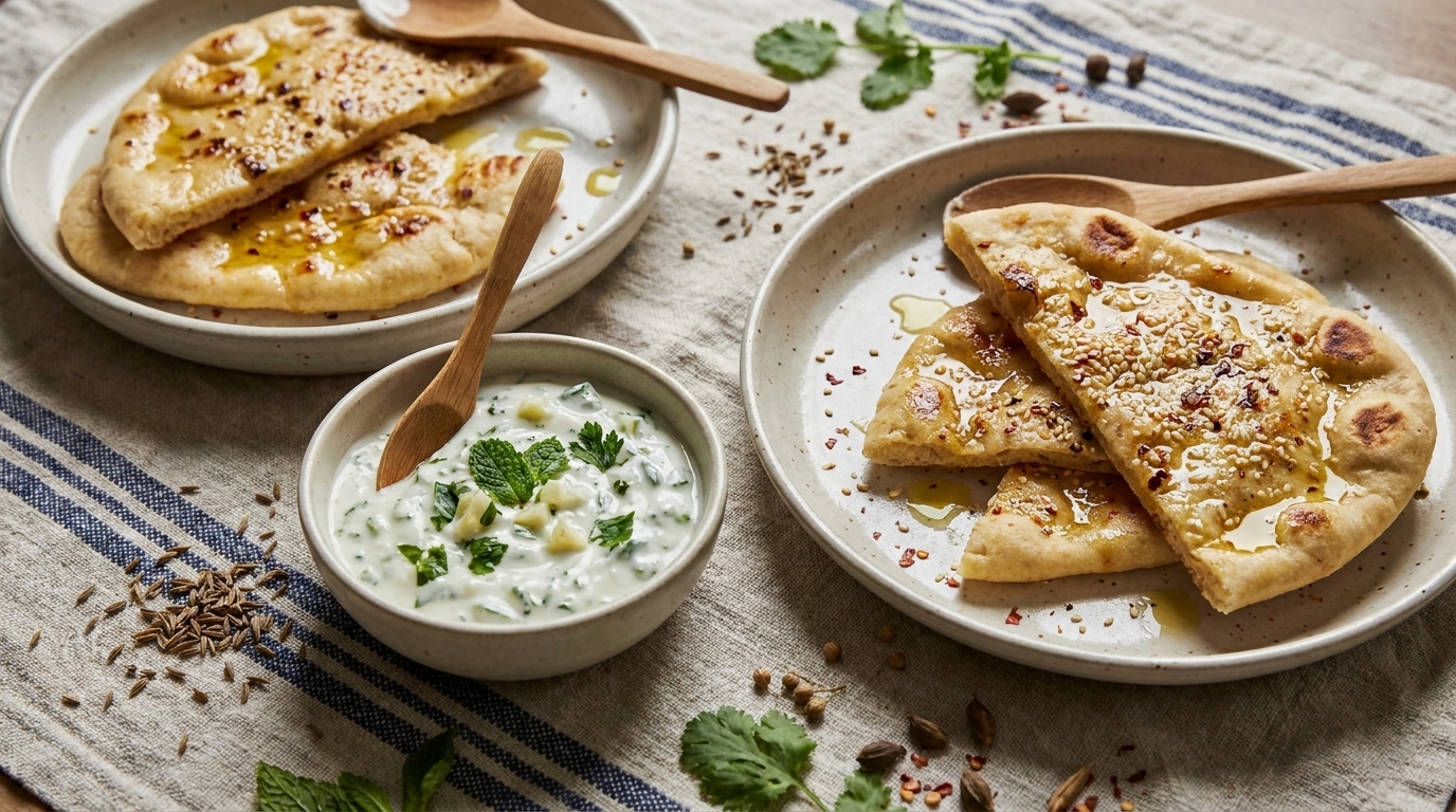 Zwei Teller mit in Dreiecke geschnittenem Fladenbrot, mit Öl, Sesam und Gewürzen beträufelt; daneben eine Schale mit Kräuter-Joghurt-Dip und Holzlöffeln.