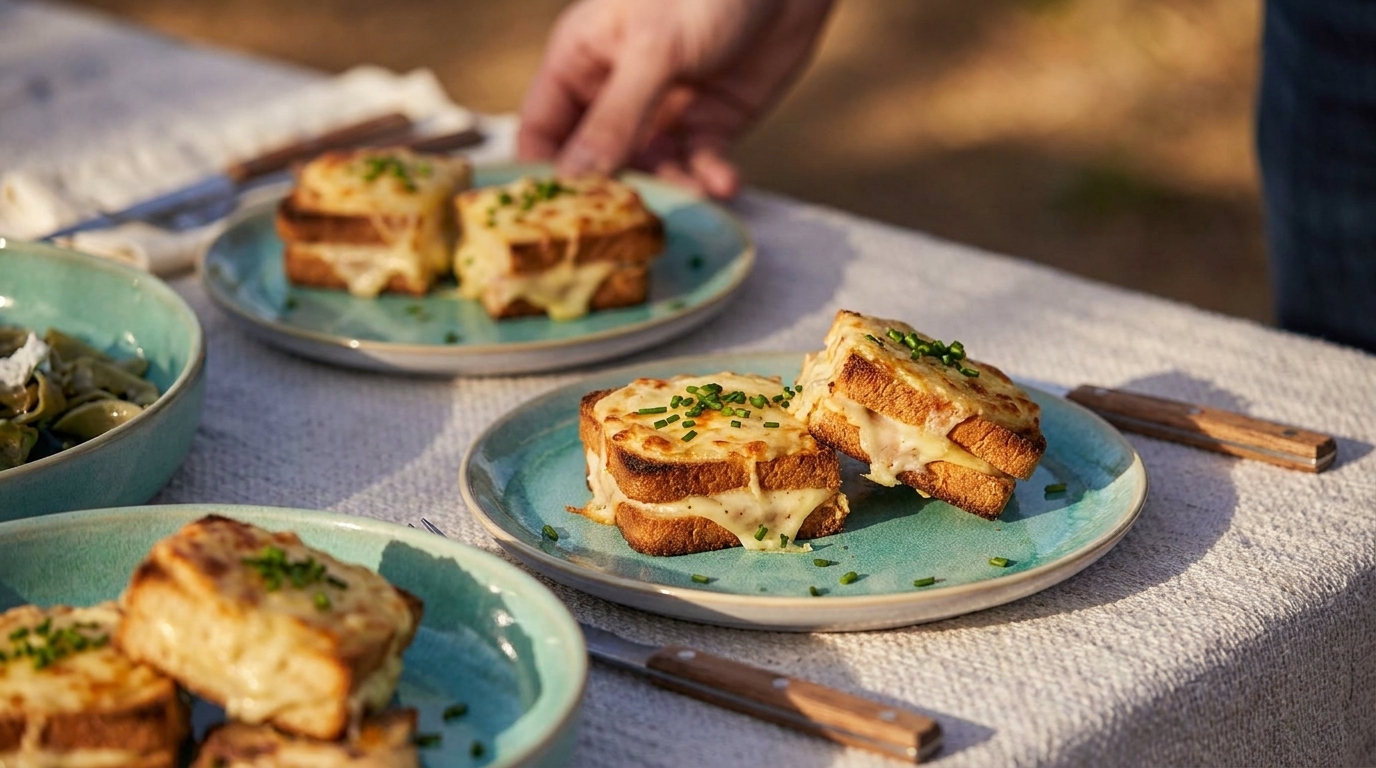 Vier Teller mit jeweils zwei goldbraun gebräunten, geschmolzenen Käsesandwiches, mit Schnittlauch bestreut, auf einem gedeckten Tisch im Freien; eine Hand stellt gerade einen Teller hin.